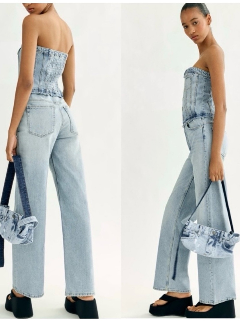 Zara Light Blue Strapless Denim Jumpsuit with Straight-Leg Pants